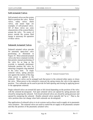 VALVE ACTUATORS                         DOE-HDBK-1018/2-93                                  Valves


Self-Actuated Valves

Self-actuated valves use the system
fluid to position the valve. Relief
valves, safety valves, check
valves, and steam traps are
examples of self-actuated valves.
All of these valves use some
characteristic of the system fluid to
actuate the valve. No source of
power outside the system fluid
energy is necessary for operation
of these valves.


Solenoid Actuated Valves

Solenoid actuated valves provide
for automatic open-close valve
positioning as illustrated in
Figure 35. Most solenoid actuated
valves also have a manual override
that permits manual positioning of
the valve for as long as the
override is manually positioned.
Solenoids position the valve by
attracting a magnetic slug attached
to the valve stem. In single
solenoid valves, spring pressure
                                                  Figure 35 Solenoid Actuated Valve
acts against the motion of the slug
when power is applied to the
solenoid. These valves can be arranged such that power to the solenoid either opens or closes
the valve. When power to the solenoid is removed, the spring returns the valve to the opposite
position. Two solenoids can be used to provide for both opening and closing by applying power
to the appropriate solenoid.

Single solenoid valves are termed fail open or fail closed depending on the position of the valve
with the solenoid de-energized. Fail open solenoid valves are opened by spring pressure and
closed by energizing the solenoid. Fail closed solenoid valves are closed by spring pressure and
opened by energizing the solenoid. Double solenoid valves typically fail "as is." That is, the
valve position does not change when both solenoids are de-energized.

One application of solenoid valves is in air systems such as those used to supply air to pneumatic
valve actuators. The solenoid valves are used to control the air supply to the pneumatic actuator
and thus the position of the pneumatic actuated valve.


ME-04                                        Page 48                                     Rev. 0
 