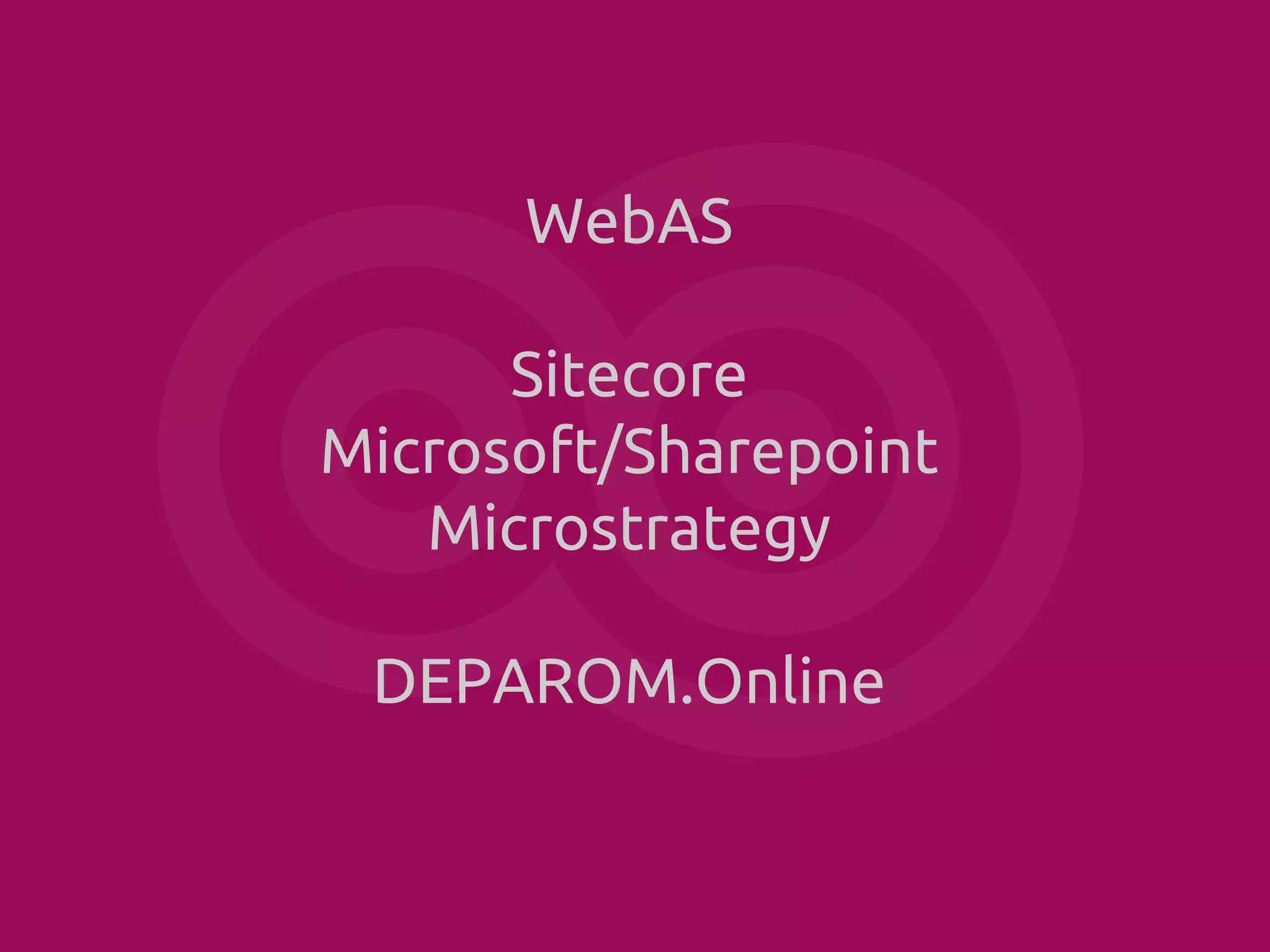 WebAS
Sitecore
Microsoft/Sharepoint
Microstrategy
DEPAROM.Online

 