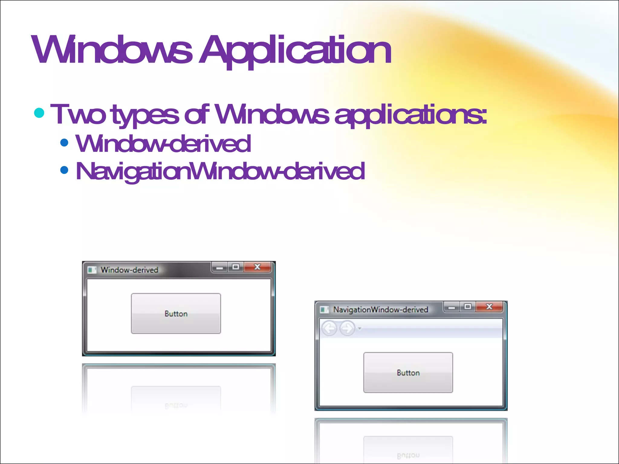 Windows Application Two types of Windows applications: Window-derived NavigationWindow-derived 
