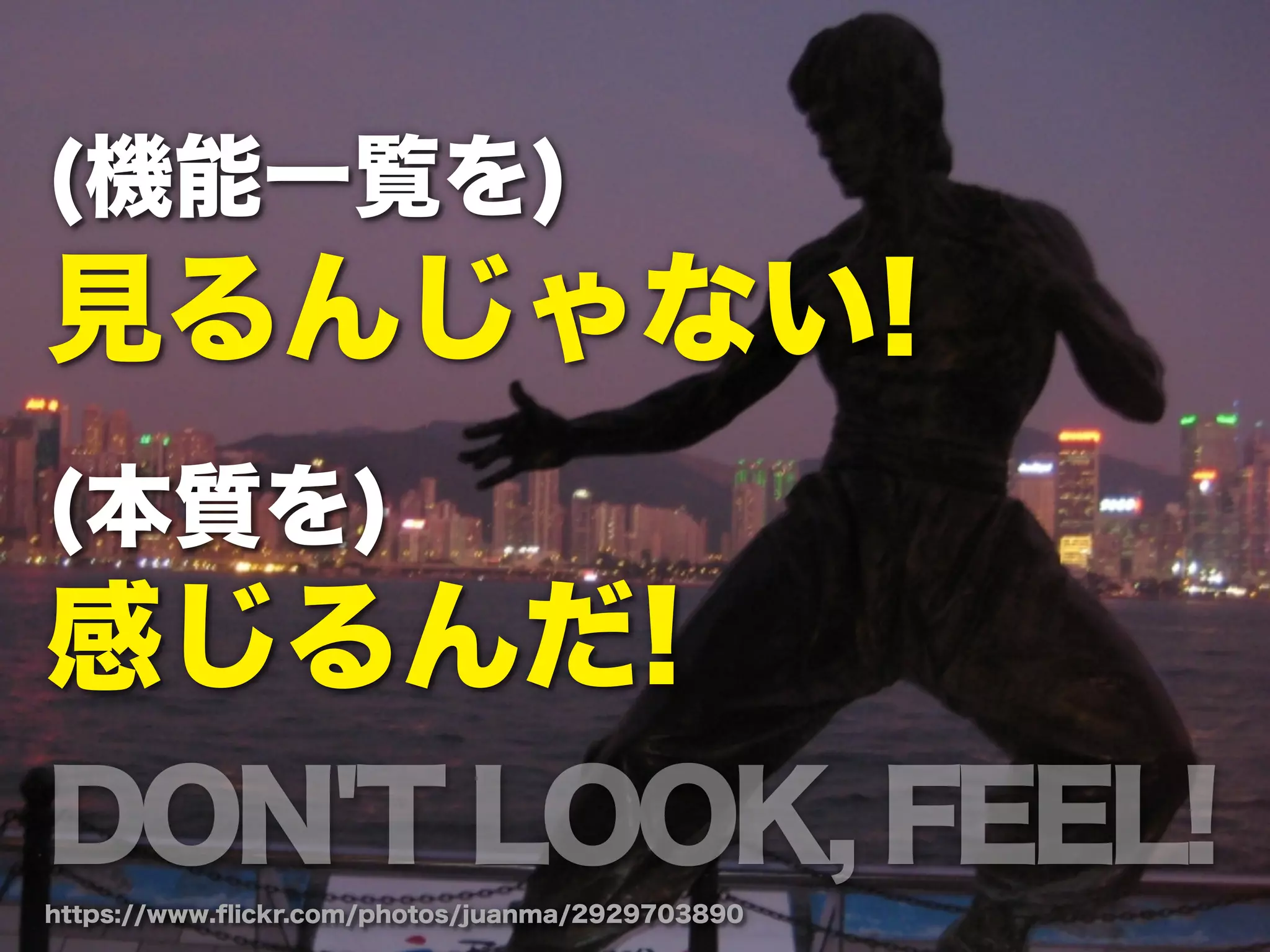 (機能一覧を)
見るんじゃない!
(本質を)
感じるんだ!
DON'T LOOK, FEEL!
https://www.ﬂickr.com/photos/juanma/2929703890
 