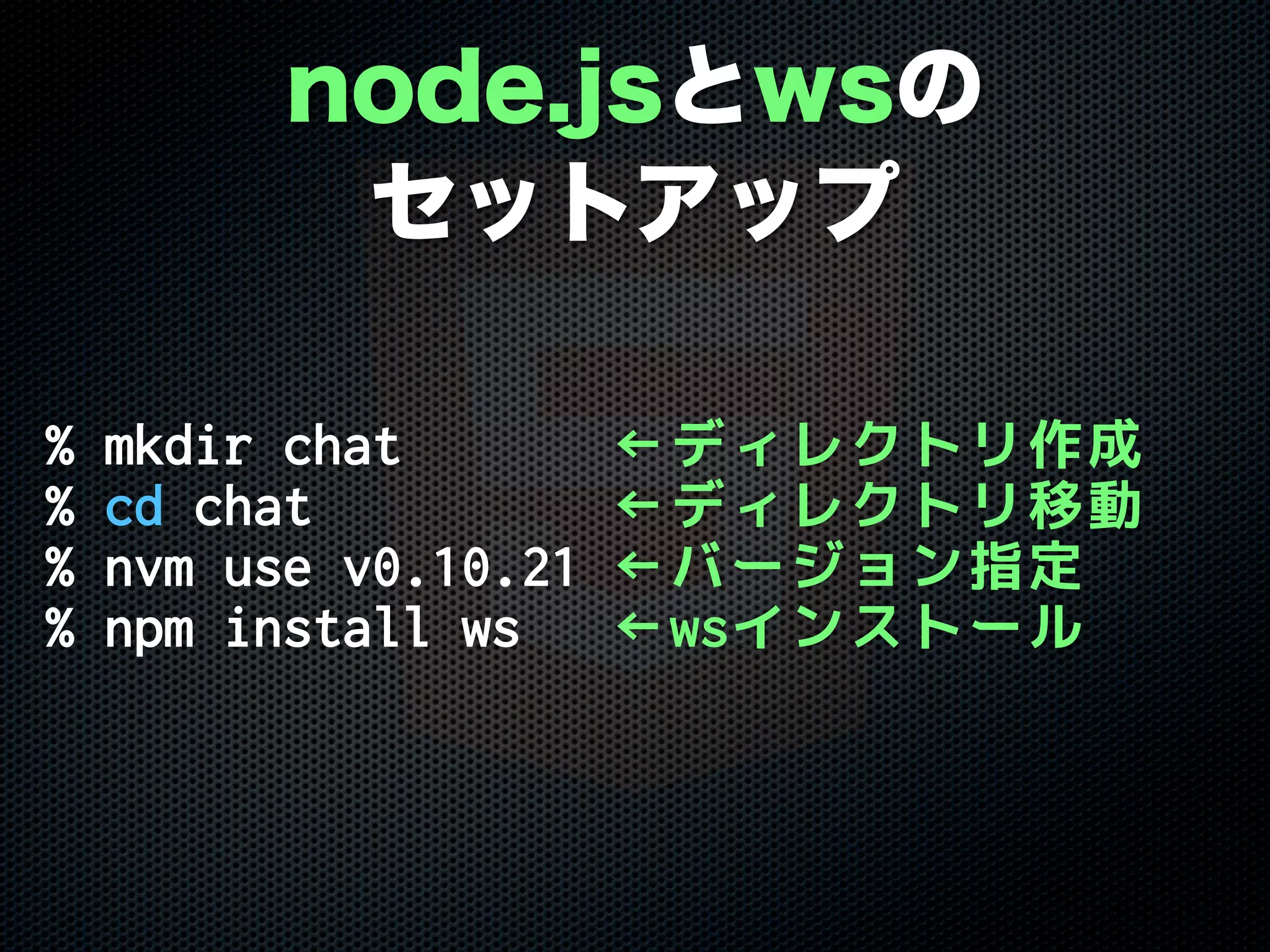 % mkdir chat ←ディレクトリ作成
% cd chat ←ディレクトリ移動
% nvm use v0.10.21 ←バージョン指定
% npm install ws ←wsインストール
node.jsとwsの
セットアップ
 