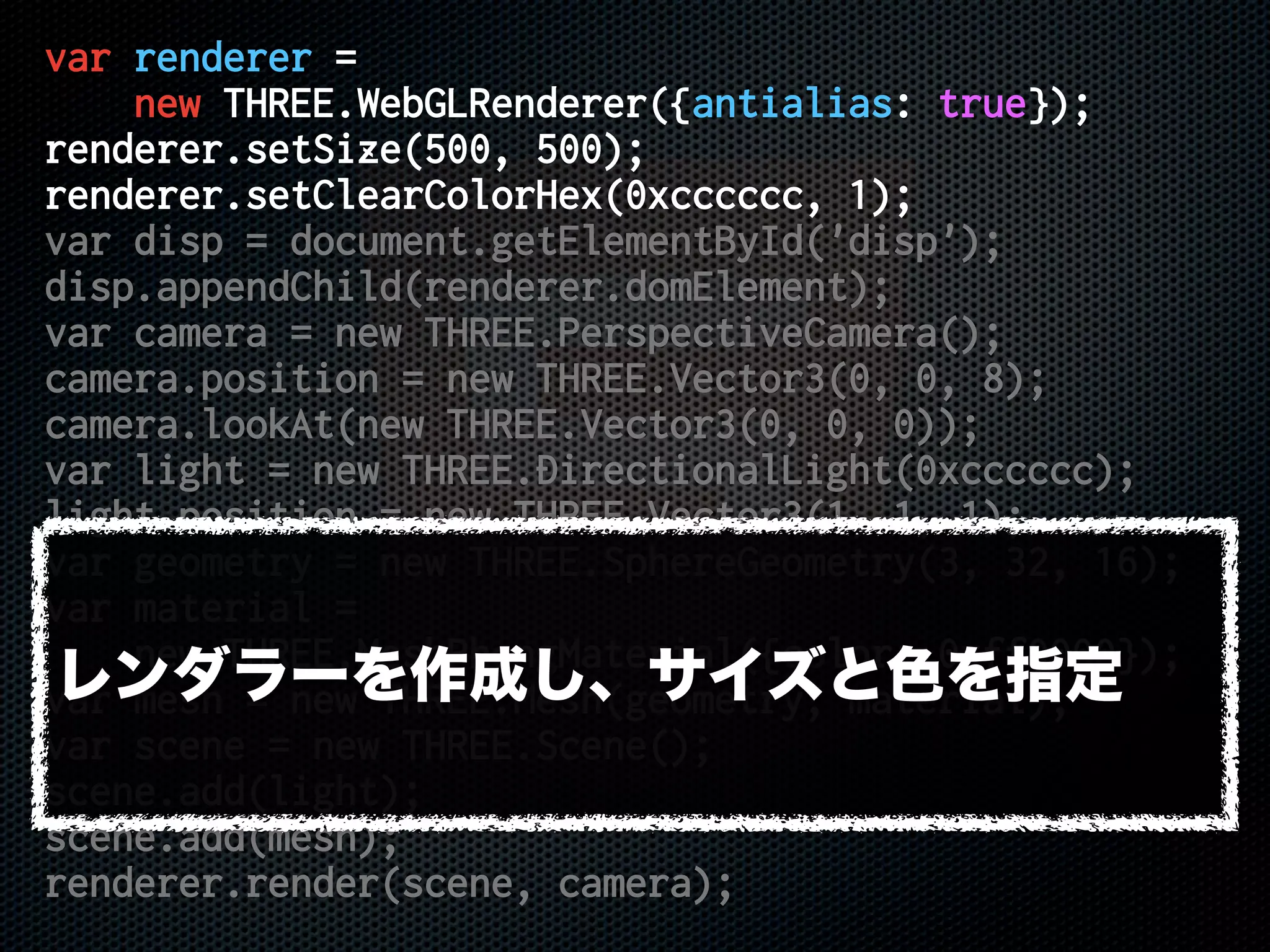var renderer =
new THREE.WebGLRenderer({antialias: true});
renderer.setSize(500, 500);
renderer.setClearColorHex(0xcccccc, 1);
var disp = document.getElementById('disp');
disp.appendChild(renderer.domElement);
var camera = new THREE.PerspectiveCamera();
camera.position = new THREE.Vector3(0, 0, 8);
camera.lookAt(new THREE.Vector3(0, 0, 0));
var light = new THREE.DirectionalLight(0xcccccc);
light.position = new THREE.Vector3(1, 1, 1);
var geometry = new THREE.SphereGeometry(3, 32, 16);
var material =
new THREE.MeshPhongMaterial({color: 0xff0000});
var mesh = new THREE.Mesh(geometry, material);
var scene = new THREE.Scene();
scene.add(light);
scene.add(mesh);
renderer.render(scene, camera);
レンダラーを作成し、サイズと色を指定
 