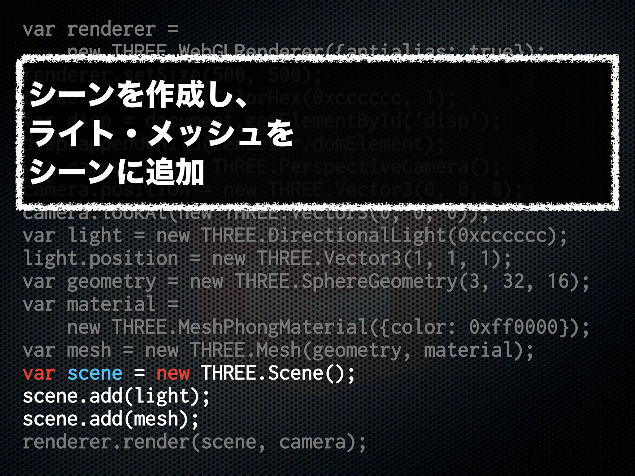var renderer =
new THREE.WebGLRenderer({antialias: true});
renderer.setSize(500, 500);
renderer.setClearColorHex(0xcccccc, 1);
var disp = document.getElementById('disp');
disp.appendChild(renderer.domElement);
var camera = new THREE.PerspectiveCamera();
camera.position = new THREE.Vector3(0, 0, 8);
camera.lookAt(new THREE.Vector3(0, 0, 0));
var light = new THREE.DirectionalLight(0xcccccc);
light.position = new THREE.Vector3(1, 1, 1);
var geometry = new THREE.SphereGeometry(3, 32, 16);
var material =
new THREE.MeshPhongMaterial({color: 0xff0000});
var mesh = new THREE.Mesh(geometry, material);
var scene = new THREE.Scene();
scene.add(light);
scene.add(mesh);
renderer.render(scene, camera);
シーンを作成し、
ライト・メッシュを
シーンに追加
 