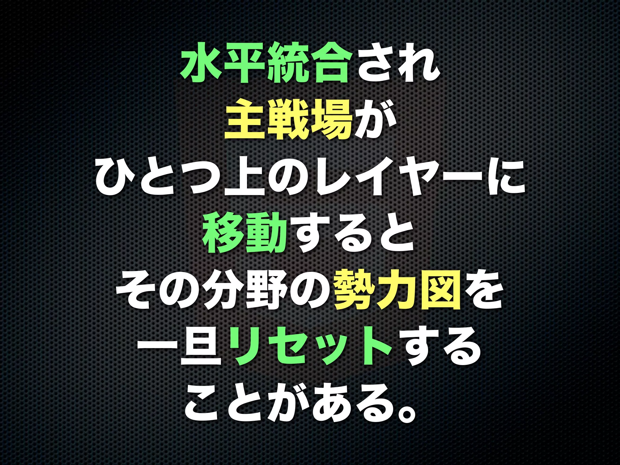 水平統合され
主戦場が
ひとつ上のレイヤーに
移動すると
その分野の勢力図を
一旦リセットする
ことがある。
 