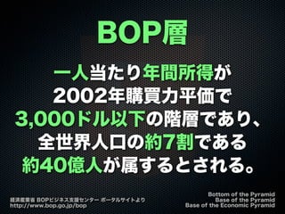 一人当たり年間所得が
2002年購買力平価で
3,000ドル以下の階層であり、
全世界人口の約7割である
約40億人が属するとされる。
BOP層
Bottom of the Pyramid
Base of the Pyramid
Base of the Economic Pyramid
経済産業省 BOPビジネス支援センター ポータルサイトより
http://www.bop.go.jp/bop
 