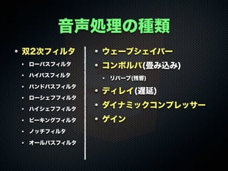 音声処理の種類
ウェーブシェイパー
コンボルバ(畳み込み)
リバーブ(残響)
ディレイ(遅延)
ダイナミックコンプレッサー
ゲイン
双2次フィルタ
ローパスフィルタ
ハイパスフィルタ
バンドパスフィルタ
ローシェフフィルタ
ハイシェフフィルタ
ピーキングフィルタ
ノッチフィルタ
オールパスフィルタ
 