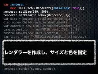 var renderer =
new THREE.WebGLRenderer({antialias: true});
renderer.setSize(500, 500);
renderer.setClearColorHex(0xcccccc, 1);
var disp = document.getElementById('disp');
disp.appendChild(renderer.domElement);
var camera = new THREE.PerspectiveCamera();
camera.position = new THREE.Vector3(0, 0, 8);
camera.lookAt(new THREE.Vector3(0, 0, 0));
var light = new THREE.DirectionalLight(0xcccccc);
light.position = new THREE.Vector3(1, 1, 1);
var geometry = new THREE.SphereGeometry(3, 32, 16);
var material =
new THREE.MeshPhongMaterial({color: 0xff0000});
var mesh = new THREE.Mesh(geometry, material);
var scene = new THREE.Scene();
scene.add(light);
scene.add(mesh);
renderer.render(scene, camera);
レンダラーを作成し、サイズと色を指定
 