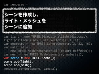 var renderer =
new THREE.WebGLRenderer({antialias: true});
renderer.setSize(500, 500);
renderer.setClearColorHex(0xcccccc, 1);
var disp = document.getElementById('disp');
disp.appendChild(renderer.domElement);
var camera = new THREE.PerspectiveCamera();
camera.position = new THREE.Vector3(0, 0, 8);
camera.lookAt(new THREE.Vector3(0, 0, 0));
var light = new THREE.DirectionalLight(0xcccccc);
light.position = new THREE.Vector3(1, 1, 1);
var geometry = new THREE.SphereGeometry(3, 32, 16);
var material =
new THREE.MeshPhongMaterial({color: 0xff0000});
var mesh = new THREE.Mesh(geometry, material);
var scene = new THREE.Scene();
scene.add(light);
scene.add(mesh);
renderer.render(scene, camera);
シーンを作成し、
ライト・メッシュを
シーンに追加
 