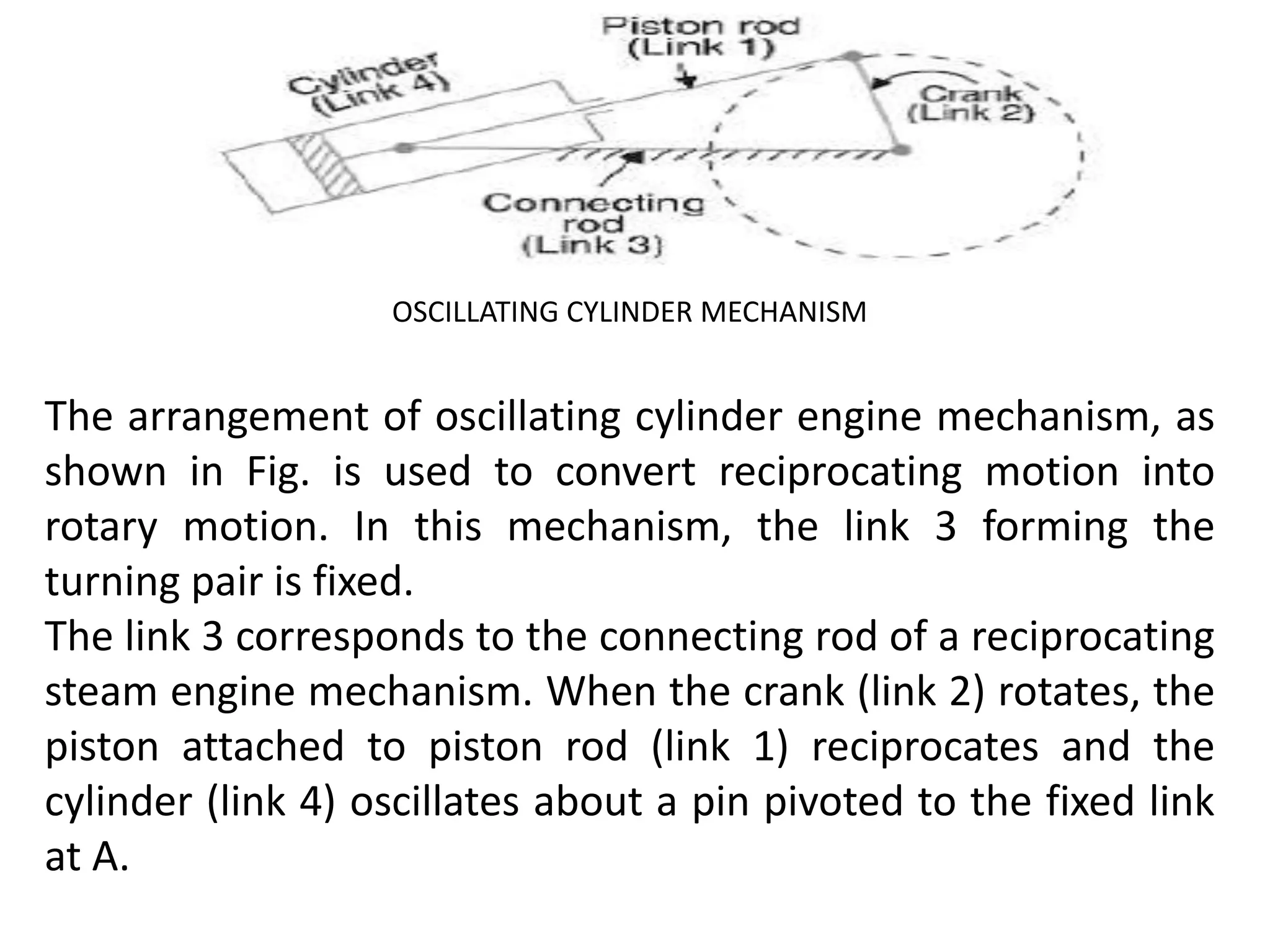 OSCILLATING CYLINDER MECHANISM
The arrangement of oscillating cylinder engine mechanism, as
shown in Fig. is used to convert reciprocating motion into
rotary motion. In this mechanism, the link 3 forming the
turning pair is fixed.
The link 3 corresponds to the connecting rod of a reciprocating
steam engine mechanism. When the crank (link 2) rotates, the
piston attached to piston rod (link 1) reciprocates and the
cylinder (link 4) oscillates about a pin pivoted to the fixed link
at A.
 