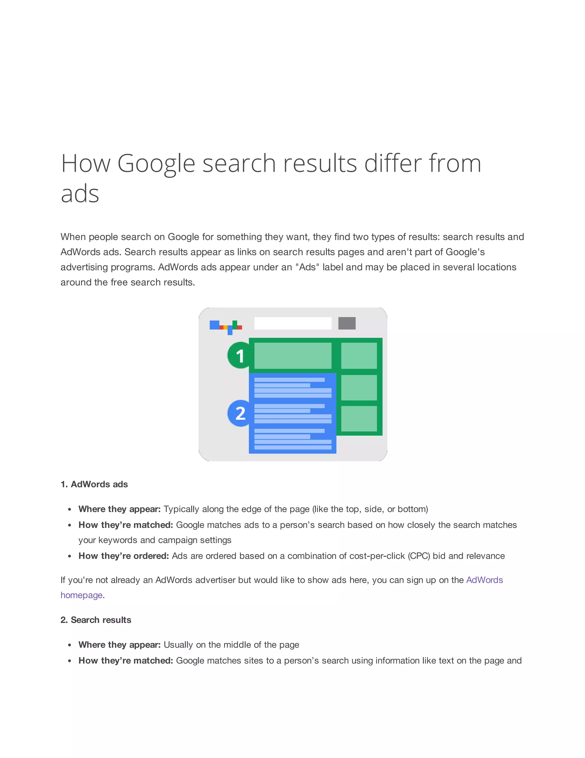 How Google search results differ from 
ads 
When people search on Google for something they want, they find two types of results: search results and 
AdWords ads. Search results appear as links on search results pages and aren't part of Google's 
advertising programs. AdWords ads appear under an "Ads" label and may be placed in several locations 
around the free search results. 
1. AdWords 
ads 
Where 
they 
appear: Typically along the edge of the page (like the top, side, or bottom) 
How 
they’re 
matched: Google matches ads to a person’s search based on how closely the search matches 
your keywords and campaign settings 
How 
they’re 
ordered: Ads are ordered based on a combination of cost-per-click (CPC) bid and relevance 
If you're not already an AdWords advertiser but would like to show ads here, you can sign up on the AdWords 
homepage. 
2. Search 
results 
Where 
they 
appear: Usually on the middle of the page 
How 
they’re 
matched: Google matches sites to a person’s search using information like text on the page and 
 