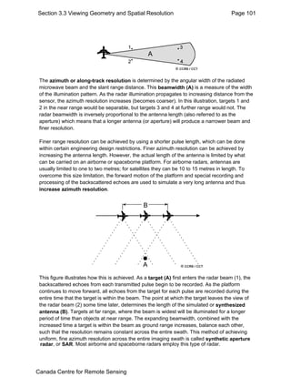 Section 3.3 Viewing Geometry and Spatial Resolution Page 101 
The azimuth or along-track resolution is determined by the angular width of the radiated 
microwave beam and the slant range distance. This beamwidth (A) is a measure of the width 
of the illumination pattern. As the radar illumination propagates to increasing distance from the 
sensor, the azimuth resolution increases (becomes coarser). In this illustration, targets 1 and 
2 in the near range would be separable, but targets 3 and 4 at further range would not. The 
radar beamwidth is inversely proportional to the antenna length (also referred to as the 
aperture) which means that a longer antenna (or aperture) will produce a narrower beam and 
finer resolution. 
Finer range resolution can be achieved by using a shorter pulse length, which can be done 
within certain engineering design restrictions. Finer azimuth resolution can be achieved by 
increasing the antenna length. However, the actual length of the antenna is limited by what 
can be carried on an airborne or spaceborne platform. For airborne radars, antennas are 
usually limited to one to two metres; for satellites they can be 10 to 15 metres in length. To 
overcome this size limitation, the forward motion of the platform and special recording and 
processing of the backscattered echoes are used to simulate a very long antenna and thus 
increase azimuth resolution. 
This figure illustrates how this is achieved. As a target (A) first enters the radar beam (1), the 
backscattered echoes from each transmitted pulse begin to be recorded. As the platform 
continues to move forward, all echoes from the target for each pulse are recorded during the 
entire time that the target is within the beam. The point at which the target leaves the view of 
the radar beam (2) some time later, determines the length of the simulated or synthesized 
antenna (B). Targets at far range, where the beam is widest will be illuminated for a longer 
period of time than objects at near range. The expanding beamwidth, combined with the 
increased time a target is within the beam as ground range increases, balance each other, 
such that the resolution remains constant across the entire swath. This method of achieving 
uniform, fine azimuth resolution across the entire imaging swath is called synthetic aperture 
radar, or SAR. Most airborne and spaceborne radars employ this type of radar. 
Canada Centre for Remote Sensing 
 