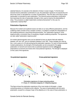 Section 3.8 Radar Polarimetry Page 120 
selected features. An example is the detection of ships in ocean images. To find the best 
transmit-receive polarization combination to use, the polarization signature of a typical ship and 
that of the ocean is calculated for a number of polarizations. Then the ratio of the ship to ocean 
backscatter is computed for each polarization. The transmit-receive polarization combination 
that maximises the ratio of backscatter strength is then used to improve the detectability of 
ships. This procedure is called "polarimetric contrast enhancement" or the use of a 
"polarimetric matched filter". 
Polarization Signatures 
Because the incident and scattered waves can take on so many different polarizations, and the 
scattering matrix consists of four complex numbers, it is helpful to simplify the interpretation of 
the scattering behaviour using three-dimensional plots. The "polarization signature" of the 
target provides a convenient way of visualising a target's scattering properties. The signatures 
are also called "polarization response plots". 
An incident electromagnetic wave can be selected to have an electric field with ellipticity 
between -45º and +45º, and an orientation between 0 and 180º. These variables are used as 
the x- and y-axes of a 3-D plot portraying the polarization signature. For each of these possible 
incident polarizations, the strength of the backscatter can be computed for the same 
polarization on transmit and receive (the co-polarized signature) and for orthogonal 
polarizations on transmit and receive (the cross-polarized signature). The strength is displayed 
on the z-axis of the signatures. 
Co-polarized signature Cross-polarized signature 
Polarization signatures of a large conducting sphere. 
P = Power, O = Orientation (degrees), E = Ellipticity (degrees) 
This figure shows the polarization signatures of the most simple of all targets - a large 
conducting sphere or a trihedral corner reflector. The wave is backscattered with the same 
polarization, except for a change of sign of the ellipticity (or in the case of linear polarization, a 
Canada Centre for Remote Sensing 
 