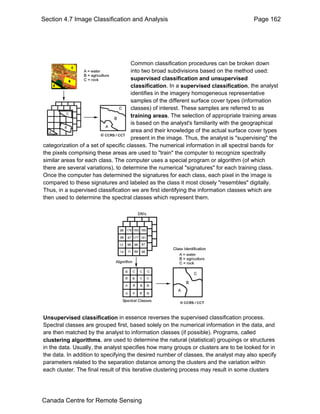 Section 4.7 Image Classification and Analysis Page 162 
Common classification procedures can be broken down 
into two broad subdivisions based on the method used: 
supervised classification and unsupervised 
classification. In a supervised classification, the analyst 
identifies in the imagery homogeneous representative 
samples of the different surface cover types (information 
classes) of interest. These samples are referred to as 
training areas. The selection of appropriate training areas 
is based on the analyst's familiarity with the geographical 
area and their knowledge of the actual surface cover types 
present in the image. Thus, the analyst is "supervising" the 
categorization of a set of specific classes. The numerical information in all spectral bands for 
the pixels comprising these areas are used to "train" the computer to recognize spectrally 
similar areas for each class. The computer uses a special program or algorithm (of which 
there are several variations), to determine the numerical "signatures" for each training class. 
Once the computer has determined the signatures for each class, each pixel in the image is 
compared to these signatures and labeled as the class it most closely "resembles" digitally. 
Thus, in a supervised classification we are first identifying the information classes which are 
then used to determine the spectral classes which represent them. 
Unsupervised classification in essence reverses the supervised classification process. 
Spectral classes are grouped first, based solely on the numerical information in the data, and 
are then matched by the analyst to information classes (if possible). Programs, called 
clustering algorithms, are used to determine the natural (statistical) groupings or structures 
in the data. Usually, the analyst specifies how many groups or clusters are to be looked for in 
the data. In addition to specifying the desired number of classes, the analyst may also specify 
parameters related to the separation distance among the clusters and the variation within 
each cluster. The final result of this iterative clustering process may result in some clusters 
Canada Centre for Remote Sensing 
 
