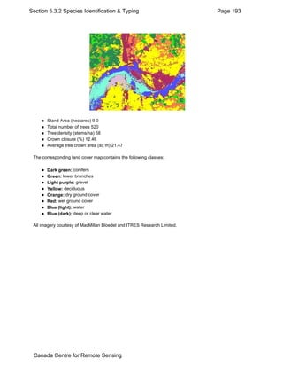 Section 5.3.2 Species Identification & Typing Page 193 
„ Stand Area (hectares) 9.0 
„ Total number of trees 520 
„ Tree density (stems/ha) 58 
„ Crown closure (%) 12.46 
„ Average tree crown area (sq m) 21.47 
The corresponding land cover map contains the following classes: 
„ Dark green: conifers 
„ Green: lower branches 
„ Light purple: gravel 
„ Yellow: deciduous 
„ Orange: dry ground cover 
„ Red: wet ground cover 
„ Blue (light): water 
„ Blue (dark): deep or clear water 
All imagery courtesy of MacMillan Bloedel and ITRES Research Limited. 
Canada Centre for Remote Sensing 
 