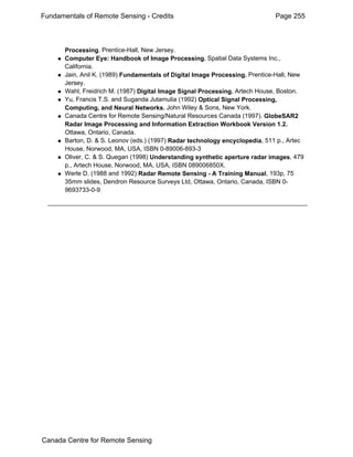 Fundamentals of Remote Sensing - Credits Page 255 
Processing. Prentice-Hall, New Jersey. 
„ Computer Eye: Handbook of Image Processing. Spatial Data Systems Inc., 
California. 
„ Jain, Anil K. (1989) Fundamentals of Digital Image Processing. Prentice-Hall, New 
Jersey. 
„ Wahl, Freidrich M. (1987) Digital Image Signal Processing. Artech House, Boston. 
„ Yu, Francis T.S. and Suganda Jutamulia (1992) Optical Signal Processing, 
Computing, and Neural Networks. John Wiley & Sons, New York. 
„ Canada Centre for Remote Sensing/Natural Resources Canada (1997). GlobeSAR2 
Radar Image Processing and Information Extraction Workbook Version 1.2. 
Ottawa, Ontario, Canada. 
„ Barton, D. & S. Leonov (eds.) (1997) Radar technology encyclopedia, 511 p., Artec 
House, Norwood, MA, USA, ISBN 0-89006-893-3 
„ Oliver, C. & S. Quegan (1998) Understanding synthetic aperture radar images, 479 
p., Artech House, Norwood, MA, USA, ISBN 089006850X. 
„ Werle D. (1988 and 1992) Radar Remote Sensing - A Training Manual, 193p, 75 
35mm slides, Dendron Resource Surveys Ltd, Ottawa, Ontario, Canada, ISBN 0- 
9693733-0-9 
Canada Centre for Remote Sensing 
 