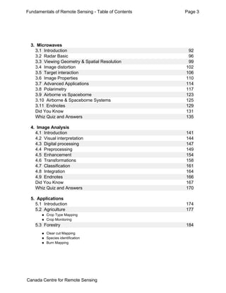 Fundamentals of Remote Sensing - Table of Contents Page 3 
3. Microwaves 
3.1 Introduction 92 
3.2 Radar Basic 96 
3.3 Viewing Geometry & Spatial Resolution 99 
3.4 Image distortion 102 
3.5 Target interaction 106 
3.6 Image Properties 110 
3.7 Advanced Applications 114 
3.8 Polarimetry 117 
3.9 Airborne vs Spaceborne 123 
3.10 Airborne & Spaceborne Systems 125 
3.11 Endnotes 129 
Did You Know 131 
Whiz Quiz and Answers 135 
4. Image Analysis 
4.1 Introduction 141 
4.2 Visual interpretation 144 
4.3 Digital processing 147 
4.4 Preprocessing 149 
4.5 Enhancement 154 
4.6 Transformations 158 
4.7 Classification 161 
4.8 Integration 164 
4.9 Endnotes 166 
Did You Know 167 
Whiz Quiz and Answers 170 
5. Applications 
5.1 Introduction 174 
5.2 Agriculture 177 
„ Crop Type Mapping 
„ Crop Monitoring 
5.3 Forestry 184 
„ Clear cut Mapping 
„ Species identification 
„ Burn Mapping 
Canada Centre for Remote Sensing 
 