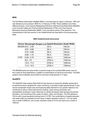 Section 2.13 Marine Observation Satellites/Sensors Page 68 
MOS 
The first Marine Observation Satellite (MOS-1) was launched by Japan in February, 1987 and 
was followed by its successor, MOS-1b, in February of 1990. These satellites carry three 
different sensors: a four-channel Multispectral Electronic Self-Scanning Radiometer (MESSR), 
a four-channel Visible and Thermal Infrared Radiometer (VTIR), and a two-channel 
Microwave Scanning Radiometer (MSR), in the microwave portion of the spectrum. The 
characteristics of the two sensors in the visible/infrared are described in the accompanying 
table. 
MOS Visible/Infrared Instruments 
Sensor Wavelength Ranges (μm) Spatial Resolution Swath Width 
MESSR 0.51 - 0.59 50 m 100 km 
0.61 - 0.69 50 m 100 km 
0.72 - 0.80 50 m 100 km 
0.80 - 1.10 50 m 100 km 
VTIR 0.50 - 0.70 900 m 1500 km 
6.0 - 7.0 2700 m 1500 km 
10.5 - 11.5 2700 m 1500 km 
11.5 - 12.5 2700 m 1500 km 
The MESSR bands are quite similar in spectral range to the Landsat MSS sensor and are 
thus useful for land applications in addition to observations of marine environments. The MOS 
systems orbit at altitudes around 900 km and have revisit periods of 17 days. 
SeaWiFS 
The SeaWiFS (Sea-viewing Wide-Field-of View Sensor) on board the SeaStar spacecraft is 
an advanced sensor designed for ocean monitoring. It consists of eight spectral bands of very 
narrow wavelength ranges (see accompanying table) tailored for very specific detection and 
monitoring of various ocean phenomena including: ocean primary production and 
phytoplankton processes, ocean influences on climate processes (heat storage and aerosol 
formation), and monitoring of the cycles of carbon, sulfur, and nitrogen. The orbit altitude is 
705 km with a local equatorial crossing time of 12 PM. Two combinations of spatial resolution 
and swath width are available for each band: a higher resolution mode of 1.1 km (at nadir) 
over a swath of 2800 km, and a lower resolution mode of 4.5 km (at nadir) over a swath of 
1500 km. 
Canada Centre for Remote Sensing 
 