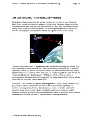 Section 2.15 Data Reception, Transmission, and Processing Page 72 
2.15 Data Reception, Transmission, and Processing 
Data obtained during airborne remote sensing missions can be retrieved once the aircraft 
lands. It can then be processed and delivered to the end user. However, data acquired from 
satellite platforms need to be electronically transmitted to Earth, since the satellite continues 
to stay in orbit during its operational lifetime. The technologies designed to accomplish this 
can also be used by an aerial platform if the data are urgently needed on the surface. 
There are three main options for transmitting data acquired by satellites to the surface. The 
data can be directly transmitted to Earth if a Ground Receiving Station (GRS) is in the line of 
sight of the satellite (A). If this is not the case, the data can be recorded on board the satellite 
(B) for transmission to a GRS at a later time. Data can also be relayed to the GRS through the 
Tracking and Data Relay Satellite System (TDRSS) (C), which consists of a series of 
communications satellites in geosynchronous orbit. The data are transmitted from one satellite 
to another until they reach the appropriate GRS. 
In Canada, CCRS operates two ground receiving stations - one at Cantley, Québec (GSS), 
just outside of Ottawa, and another one at Prince Albert, Saskatchewan (PASS). The 
combined coverage circles for these Canadian ground stations enable the potential for 
reception of real-time or recorded data from satellites passing over almost any part of 
Canada's land mass, and much of the continental United States as well. Other ground stations 
have been set up around the world to capture data from a variety of satellites. 
Canada Centre for Remote Sensing 
 