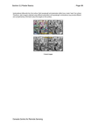 Section 3.2 Radar Basics Page 98 
backscattered differently from the surface. Both wavelength and polarization affect how a radar "sees" the surface. 
Therefore, radar imagery collected using different polarization and wavelength combinations may provide different 
and complementary information about the targets on the surface. 
C-band images 
Canada Centre for Remote Sensing 
 