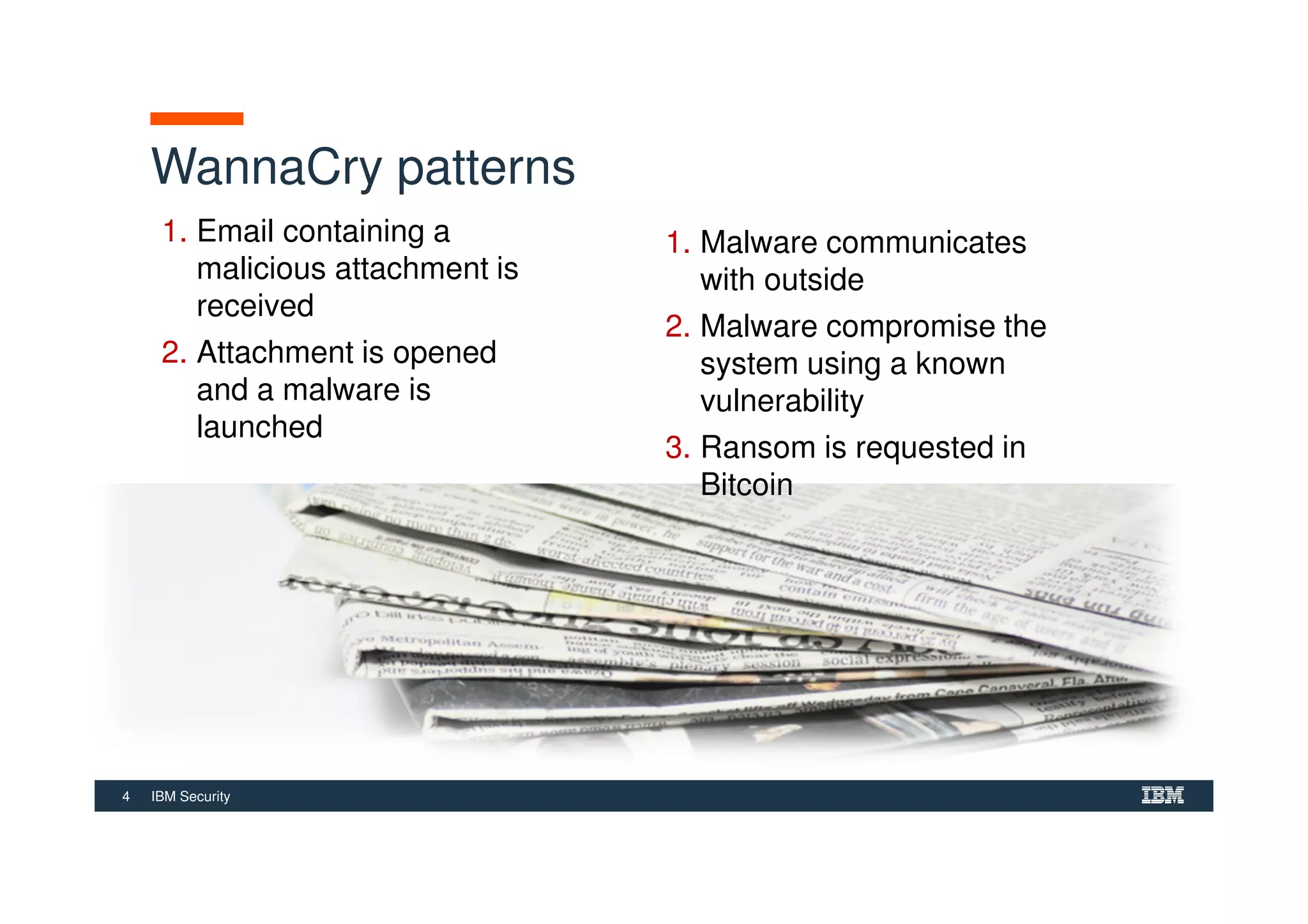 4 IBM Security
WannaCry patterns
1. Email containing a
malicious attachment is
received
2. Attachment is opened
and a malware is
launched
1. Malware communicates
with outside
2. Malware compromise the
system using a known
vulnerability
3. Ransom is requested in
Bitcoin
 