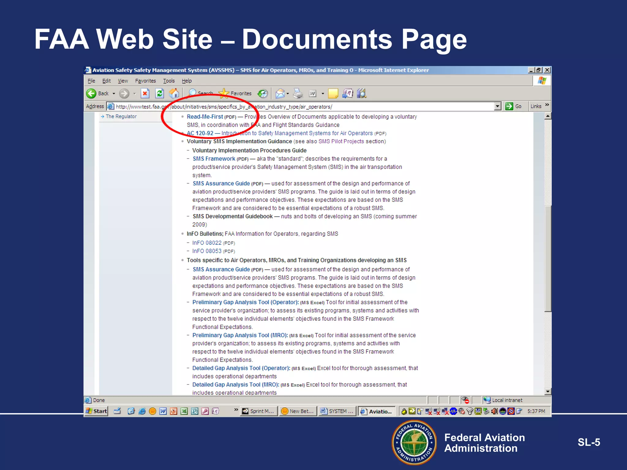 FAA Web Site – Documents Page

Federal Aviation
Administration

SL-5

 