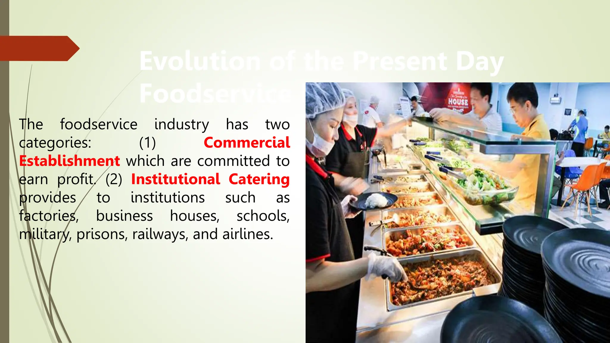 Evolution of the Present Day
Foodservice Foodservice
The foodservice industry has two
categories: (1) Commercial
Establishment which are committed to
earn profit. (2) Institutional Catering
provides to institutions such as
factories, business houses, schools,
military, prisons, railways, and airlines.
 