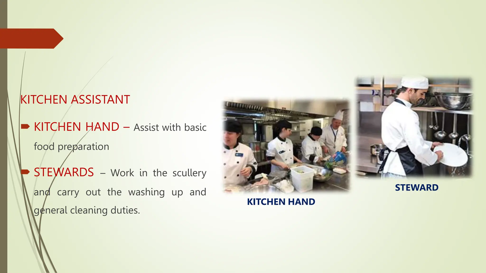 KITCHEN ASSISTANT
 KITCHEN HAND – Assist with basic
food preparation
 STEWARDS – Work in the scullery
and carry out the washing up and
general cleaning duties.
KITCHEN HAND
STEWARD
 