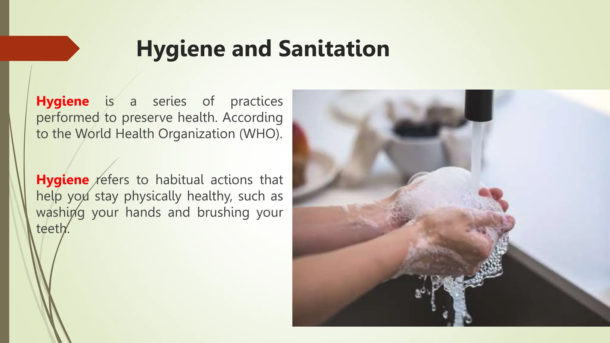 Hygiene and Sanitation
Hygiene is a series of practices
performed to preserve health. According
to the World Health Organization (WHO).
Hygiene refers to habitual actions that
help you stay physically healthy, such as
washing your hands and brushing your
teeth.
 