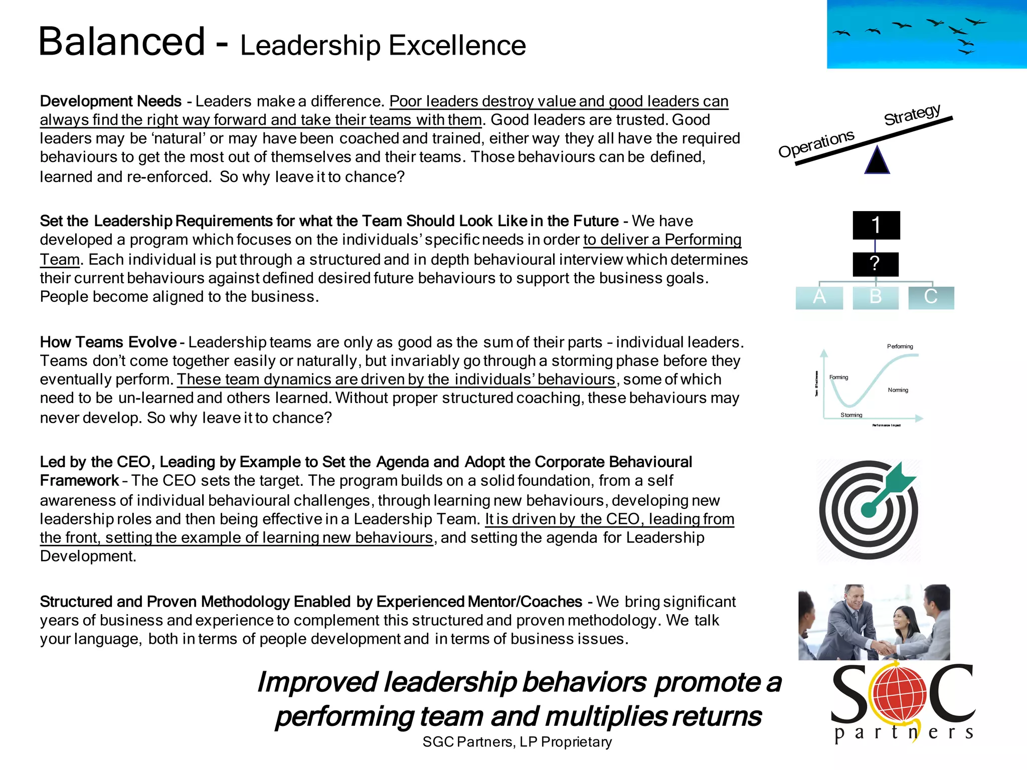 SGC Partners, LP Proprietary
Balanced - Leadership Excellence
Development Needs - Leaders make a difference. Poor leaders destroy value and good leaders can
always find the right way forward and take their teams with them. Good leaders are trusted. Good
leaders may be ‘natural’ or may have been coached and trained, either way they all have the required
behaviours to get the most out of themselves and their teams. Those behaviours can be defined,
learned and re-enforced. So why leave it to chance?
Set the Leadership Requirements for what the Team Should Look Like in the Future - We have
developed a program which focuses on the individuals’specificneeds in order to deliver a Performing
Team. Each individual is put through a structured and in depth behavioural interview which determines
their current behaviours against defined desired future behaviours to support the business goals.
People become aligned to the business.
How Teams Evolve - Leadership teams are only as good as the sum of their parts – individual leaders.
Teams don’t come together easily or naturally, but invariably go through a storming phase before they
eventually perform. These team dynamics are driven by the individuals’behaviours, some of which
need to be un-learned and others learned. Without proper structured coaching, these behaviours may
never develop. So why leave it to chance?
Led by the CEO, Leading by Example to Set the Agenda and Adopt the Corporate Behavioural
Framework – The CEO sets the target. The program builds on a solid foundation, from a self
awareness of individual behavioural challenges, through learning new behaviours, developing new
leadership roles and then being effective in a Leadership Team. It is driven by the CEO, leading from
the front, setting the example of learning new behaviours, and setting the agenda for Leadership
Development.
Structured and Proven Methodology Enabled by Experienced Mentor/Coaches - We bring significant
years of business and experience to complement this structured and proven methodology. We talk
your language, both in terms of people development and in terms of business issues.
Forming
Storming
Norming
Performing
Per f or m ance I m pact
TeamEffectiveness
?
A B C
1
Improved leadership behaviors promote a
performing team and multipliesreturns
 
