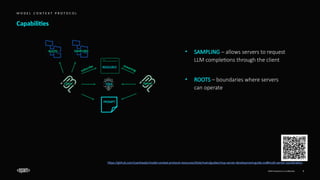 EPAM Proprietary & Confidential. 9
M O D E L C O N T E X T P R O T O C O L
• SAMPLING – allows servers to request
LLM completions through the client
• ROOTS – boundaries where servers
can operate
PROMPT
TOOL
RESOURCE
Client Server
Capabilities
ROOTS SAMPLING
https://github.com/cyanheads/model-context-protocol-resources/blob/main/guides/mcp-server-development-guide.md#multi-server-coordination
subscribe streaming
 
