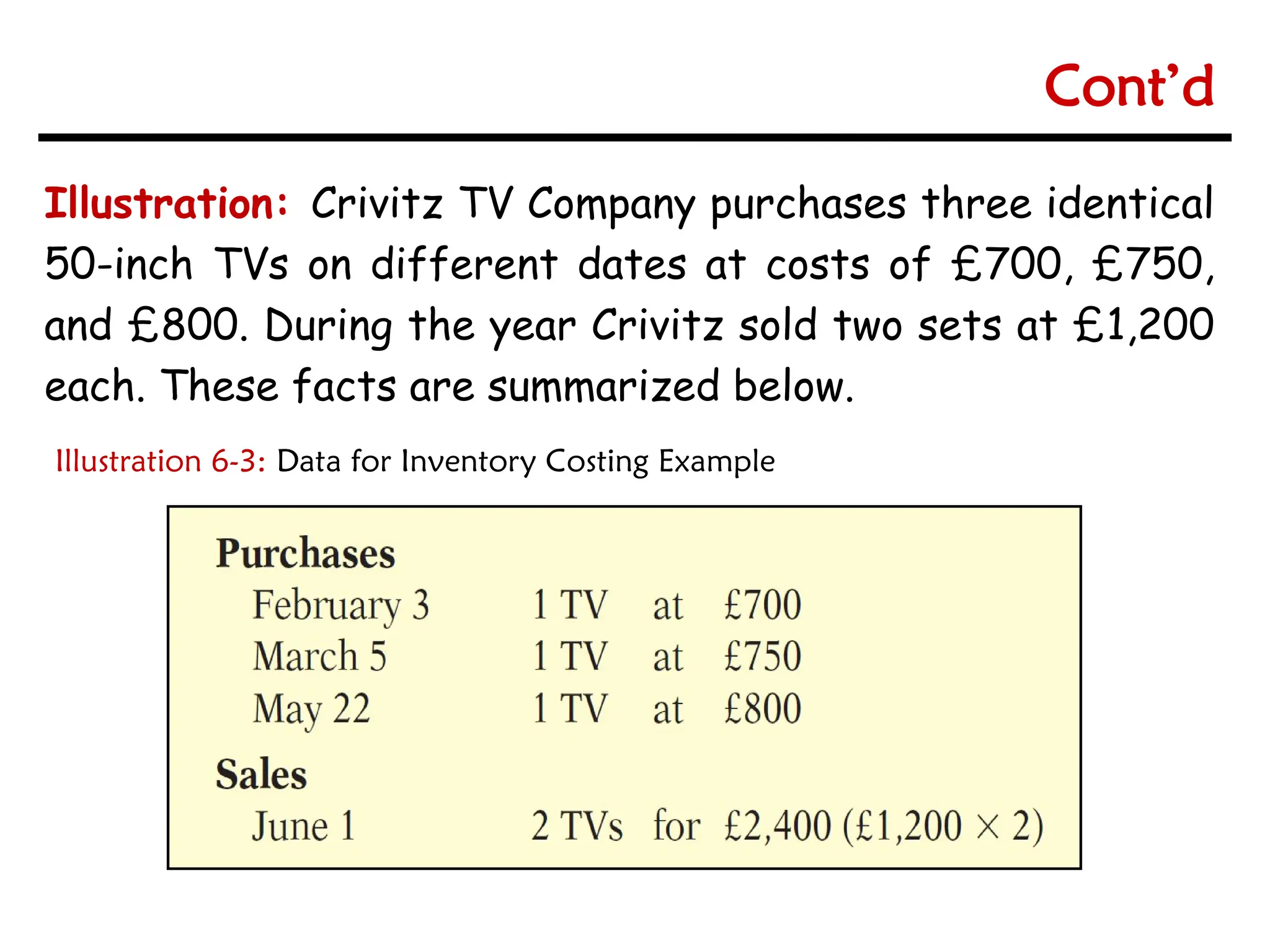 Illustration: Crivitz TV Company purchases three identical
50-inch TVs on different dates at costs of £700, £750,
and £800. During the year Crivitz sold two sets at £1,200
each. These facts are summarized below.
Illustration 6-3: Data for Inventory Costing Example
Cont’d
 