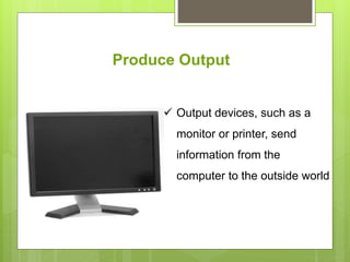 Produce Output
Output devices, such as a
monitor or printer, send
information from the
computer to the outside world