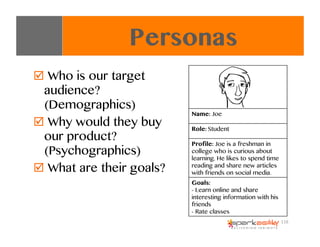 "  Who is our target
audience?
(Demographics)
"  Why would they buy
our product?
(Psychographics)
"  What are their goals?...