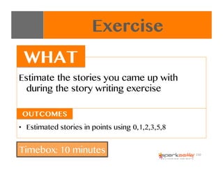 Estimate the stories you came up with
during the story writing exercise
Exercise
WHAT
•  Estimated stories in points using...