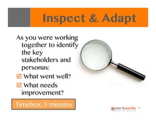 As you were working
together to identify
the key
stakeholders and
personas:
"  What went well?
"  What needs
improvement?
...