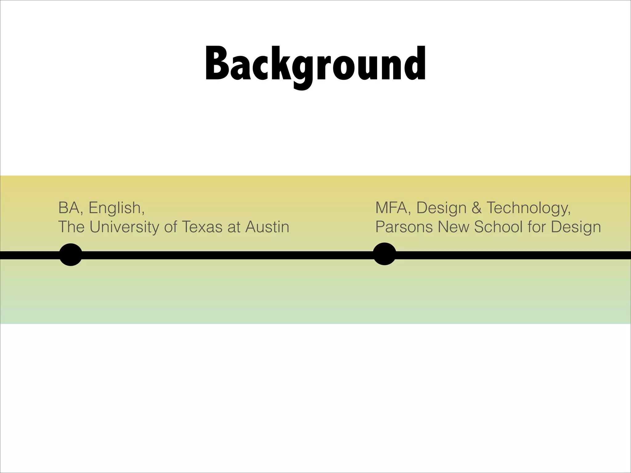 Background
BA, English,
The University of Texas at Austin
MFA, Design & Technology,
Parsons New School for Design
 