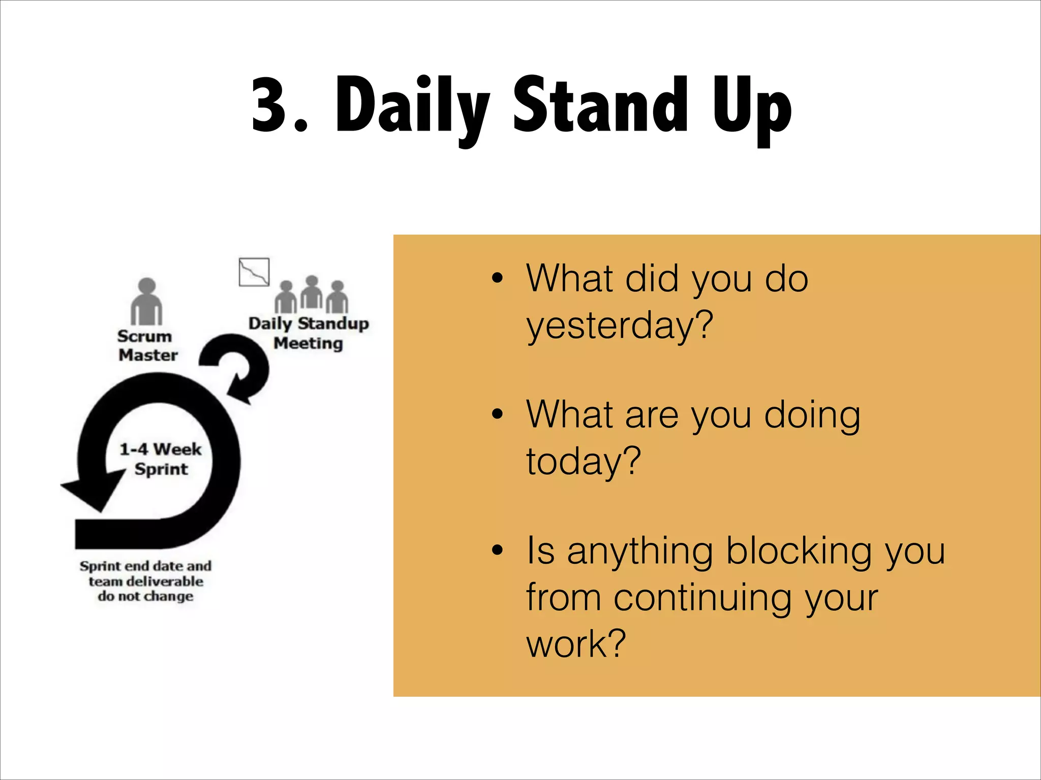 3. Daily Stand Up
• What did you do
yesterday?
• What are you doing
today?
• Is anything blocking you
from continuing your
work?
 