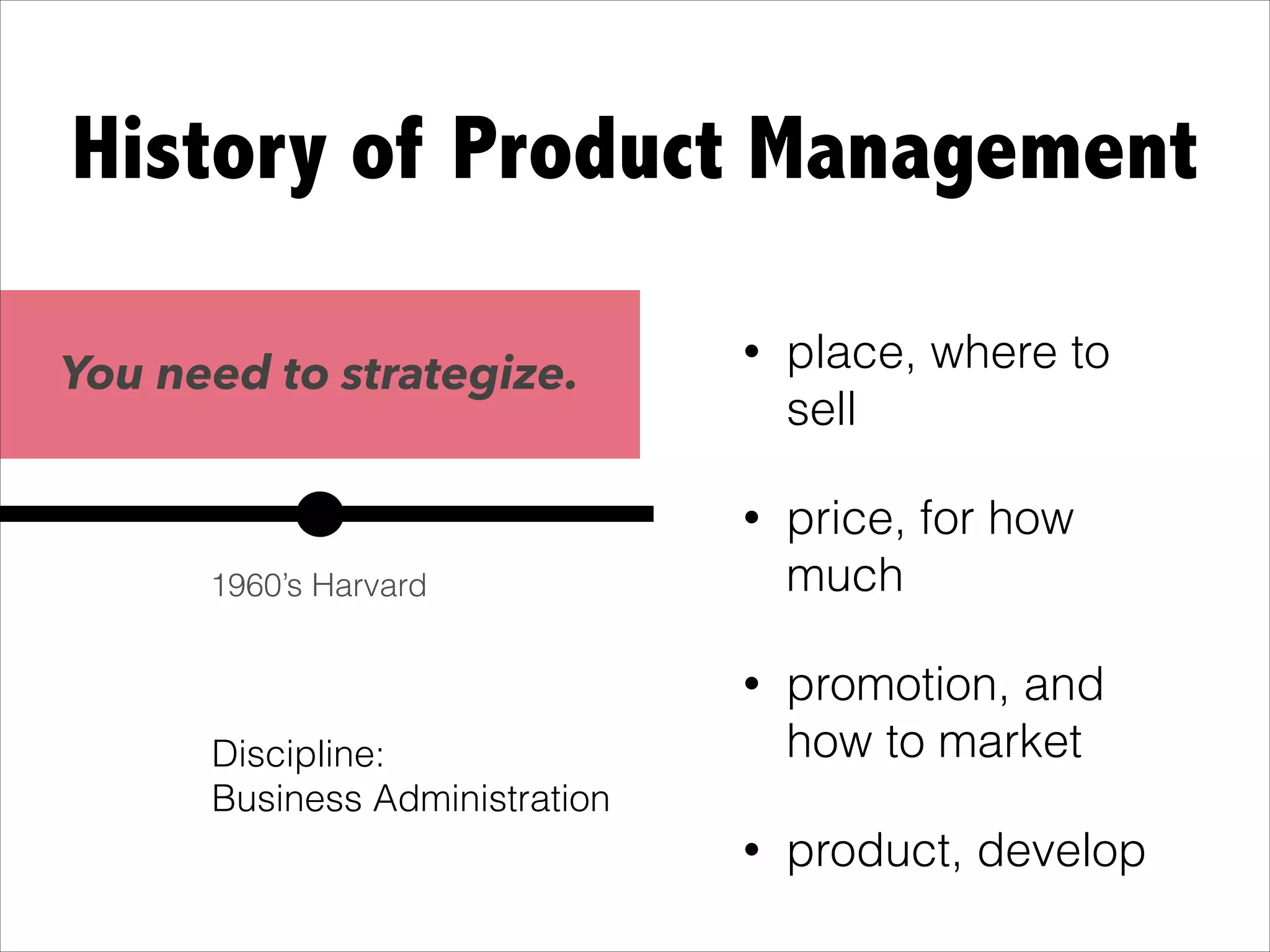 • place, where to
sell
• price, for how
much
• promotion, and
how to market
• product, develop
History of Product Management
You need to strategize.
1960’s Harvard
Discipline:
Business Administration
 