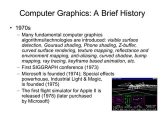 Computer Graphics: A Brief History
• 1970s
– Many fundamental computer graphics
algorithms/technologies are introduced: visible surface
detection, Gouraud shading, Phone shading, Z-buffer,
curved surface rendering, texture mapping, reflectance and
environment mapping, anti-aliasing, curved shadow, bump
mapping, ray tracing, keyframe based animation, etc.
– First SIGGRAPH conference (1973)
– Microsoft is founded (1974); Special effects
powerhouse, Industrial Light & Magic,
is founded (1975)
– The first flight simulator for Apple II is
released (1978) (later purchased
by Microsoft)
First flight simulator
Image courtesy simflight.com
 