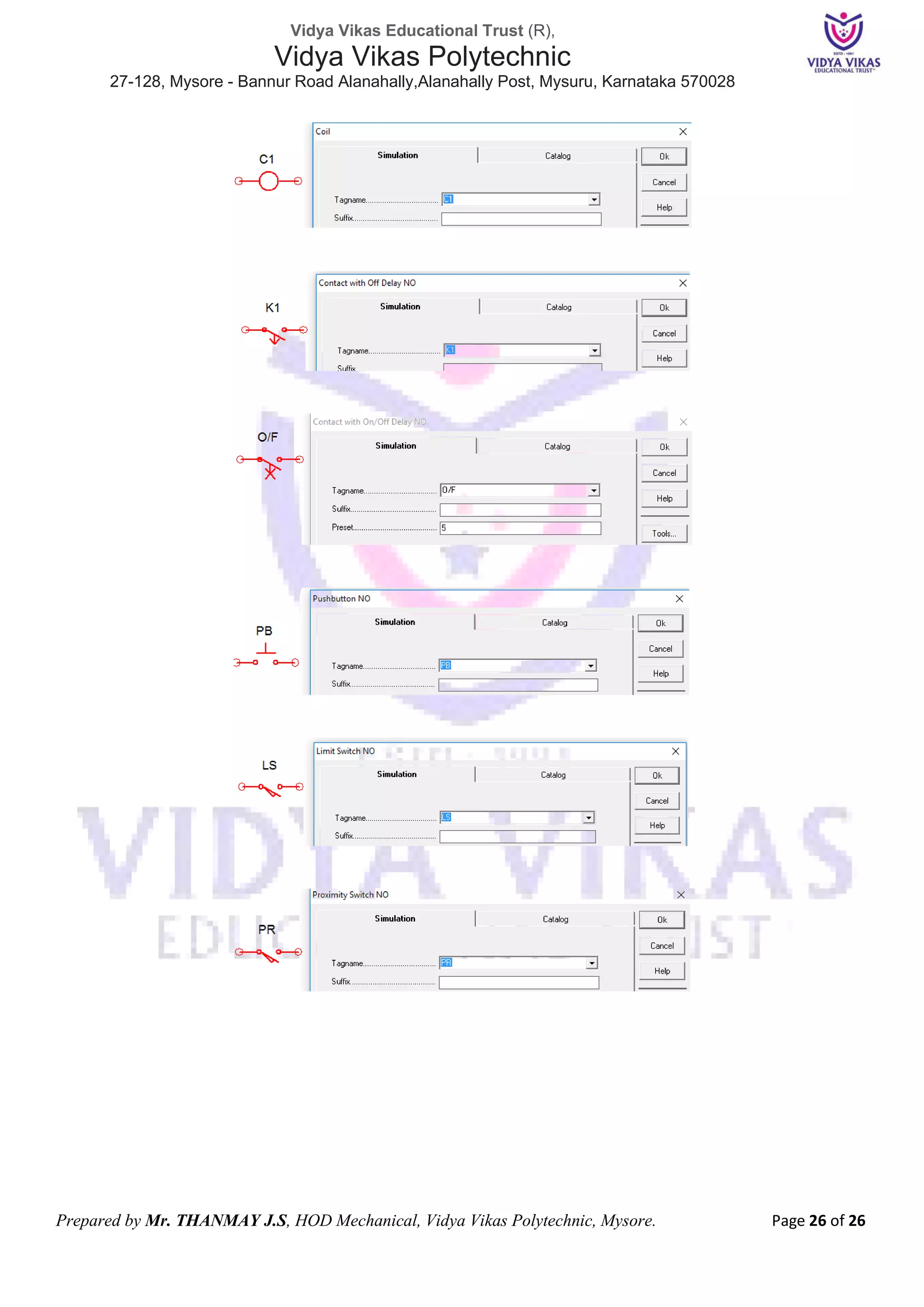 Vidya Vikas Educational Trust (R),
Vidya Vikas Polytechnic
27-128, Mysore - Bannur Road Alanahally,Alanahally Post, Mysuru, Karnataka 570028
Prepared by Mr. THANMAY J.S, HOD Mechanical, Vidya Vikas Polytechnic, Mysore. Page 26 of 26
Electrical Components
Examples
Assigning the Tag
Names is necessary
For prefix
section it is
Cycle time
generally
360 = 10 sec
180 = 5 sec
 