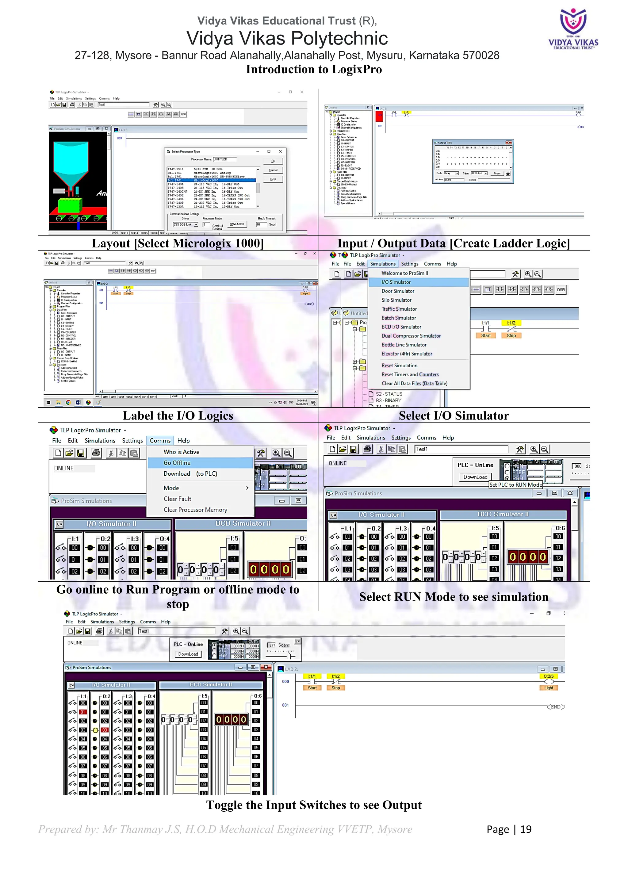 Vidya Vikas Educational Trust (R),
Vidya Vikas Polytechnic
27-128, Mysore - Bannur Road Alanahally,Alanahally Post, Mysuru, Karnataka 570028
Prepared by: Mr Thanmay J.S, H.O.D Mechanical Engineering VVETP, Mysore Page | 19
Introduction to LogixPro
Layout [Select Micrologix 1000] Input / Output Data [Create Ladder Logic]
Label the I/O Logics Select I/O Simulator
Go online to Run Program or offline mode to
stop
Select RUN Mode to see simulation
Toggle the Input Switches to see Output
 