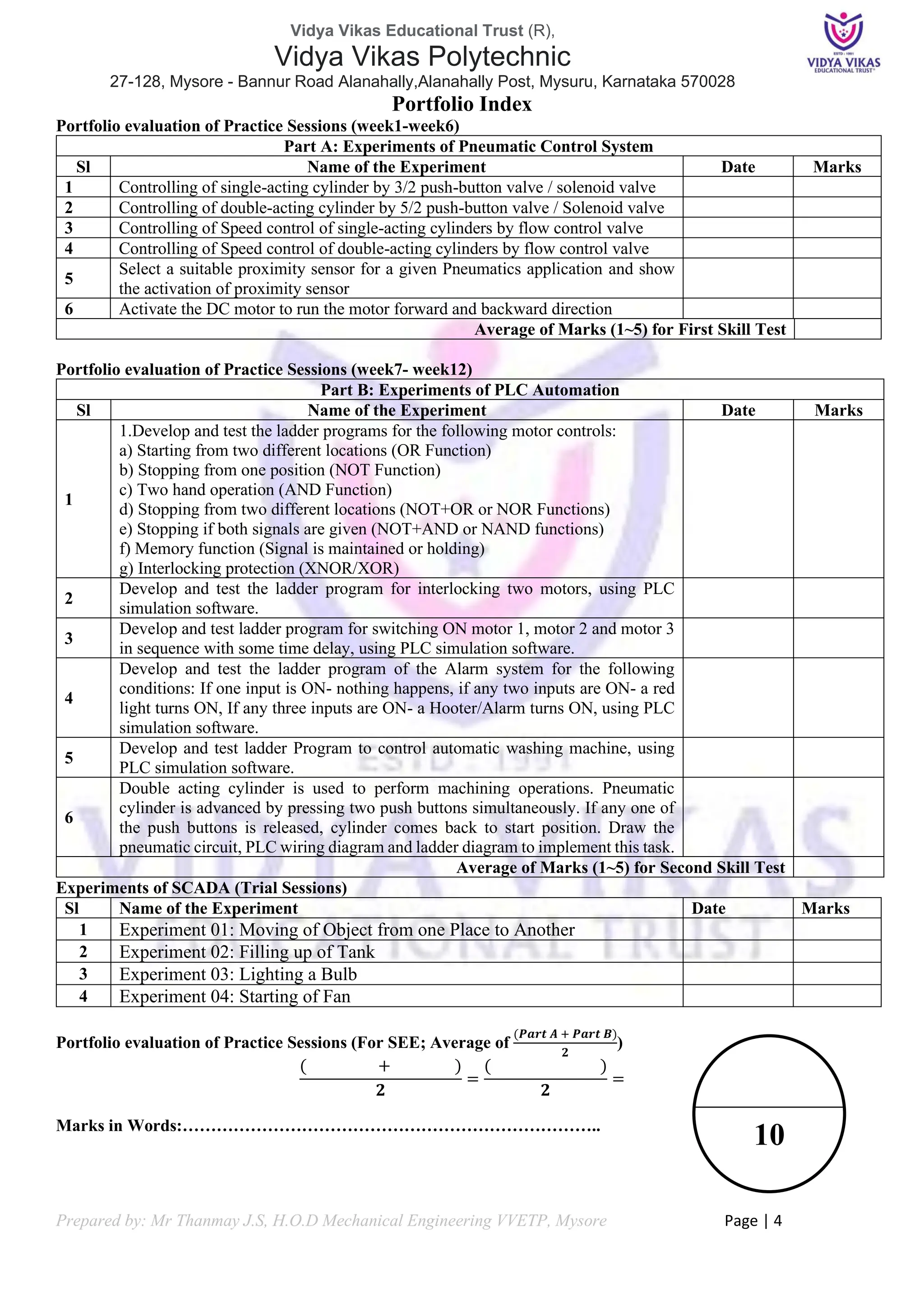Vidya Vikas Educational Trust (R),
Vidya Vikas Polytechnic
27-128, Mysore - Bannur Road Alanahally,Alanahally Post, Mysuru, Karnataka 570028
Prepared by: Mr Thanmay J.S, H.O.D Mechanical Engineering VVETP, Mysore Page | 4
Portfolio Index
Portfolio evaluation of Practice Sessions (week1-week6)
Part A: Experiments of Pneumatic Control System
Sl Name of the Experiment Date Marks
1 Controlling of single-acting cylinder by 3/2 push-button valve / solenoid valve
2 Controlling of double-acting cylinder by 5/2 push-button valve / Solenoid valve
3 Controlling of Speed control of single-acting cylinders by flow control valve
4 Controlling of Speed control of double-acting cylinders by flow control valve
5
Select a suitable proximity sensor for a given Pneumatics application and show
the activation of proximity sensor
6 Activate the DC motor to run the motor forward and backward direction
Average of Marks (1~5) for First Skill Test
Portfolio evaluation of Practice Sessions (week7- week12)
Part B: Experiments of PLC Automation
Sl Name of the Experiment Date Marks
1
1.Develop and test the ladder programs for the following motor controls:
a) Starting from two different locations (OR Function)
b) Stopping from one position (NOT Function)
c) Two hand operation (AND Function)
d) Stopping from two different locations (NOT+OR or NOR Functions)
e) Stopping if both signals are given (NOT+AND or NAND functions)
f) Memory function (Signal is maintained or holding)
g) Interlocking protection (XNOR/XOR)
2
Develop and test the ladder program for interlocking two motors, using PLC
simulation software.
3
Develop and test ladder program for switching ON motor 1, motor 2 and motor 3
in sequence with some time delay, using PLC simulation software.
4
Develop and test the ladder program of the Alarm system for the following
conditions: If one input is ON- nothing happens, if any two inputs are ON- a red
light turns ON, If any three inputs are ON- a Hooter/Alarm turns ON, using PLC
simulation software.
5
Develop and test ladder Program to control automatic washing machine, using
PLC simulation software.
6
Double acting cylinder is used to perform machining operations. Pneumatic
cylinder is advanced by pressing two push buttons simultaneously. If any one of
the push buttons is released, cylinder comes back to start position. Draw the
pneumatic circuit, PLC wiring diagram and ladder diagram to implement this task.
Average of Marks (1~5) for Second Skill Test
Experiments of SCADA (Trial Sessions)
Sl Name of the Experiment Date Marks
1 Experiment 01: Moving of Object from one Place to Another
2 Experiment 02: Filling up of Tank
3 Experiment 03: Lighting a Bulb
4 Experiment 04: Starting of Fan
Portfolio evaluation of Practice Sessions (For SEE; Average of
(𝑷𝒂𝒓𝒕 𝑨 + 𝑷𝒂𝒓𝒕 𝑩)
𝟐
)
( + )
𝟐
=
( )
𝟐
=
Marks in Words:………………………………………………………………..
10
 