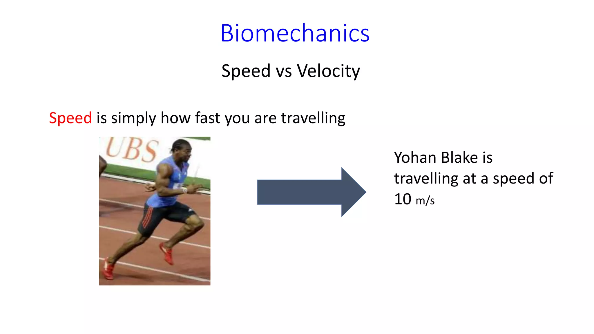 Biomechanics
Speed vs Velocity
Speed is simply how fast you are travelling
Yohan Blake is
travelling at a speed of
10 m/s
 