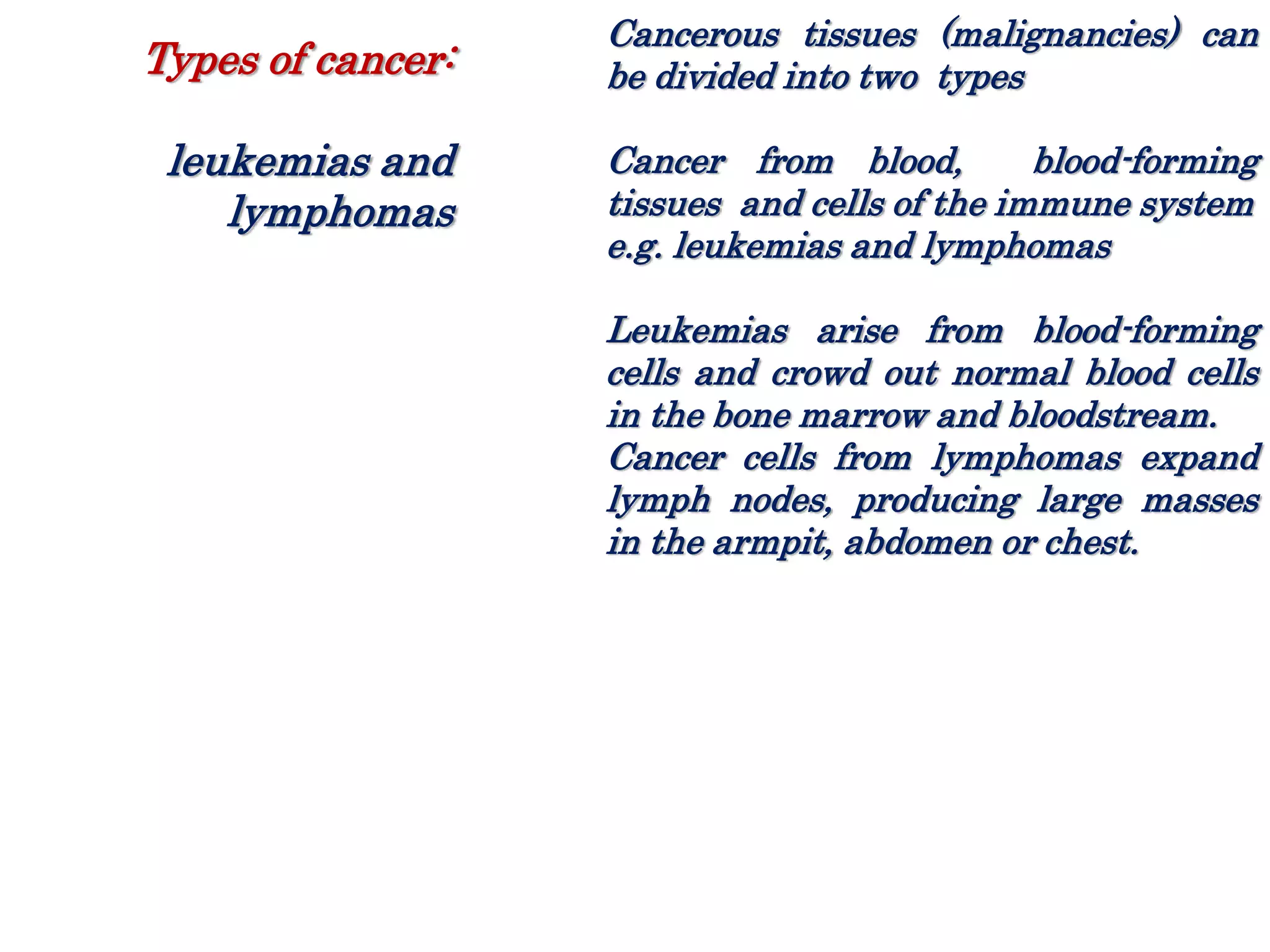 Cancerous tissues (malignancies) can
be divided into two types
Cancer from blood, blood-forming
tissues and cells of the immune system
e.g. leukemias and lymphomas
Leukemias arise from blood-forming
cells and crowd out normal blood cells
in the bone marrow and bloodstream.
Cancer cells from lymphomas expand
lymph nodes, producing large masses
in the armpit, abdomen or chest.
Types of cancer:
leukemias and
lymphomas
 