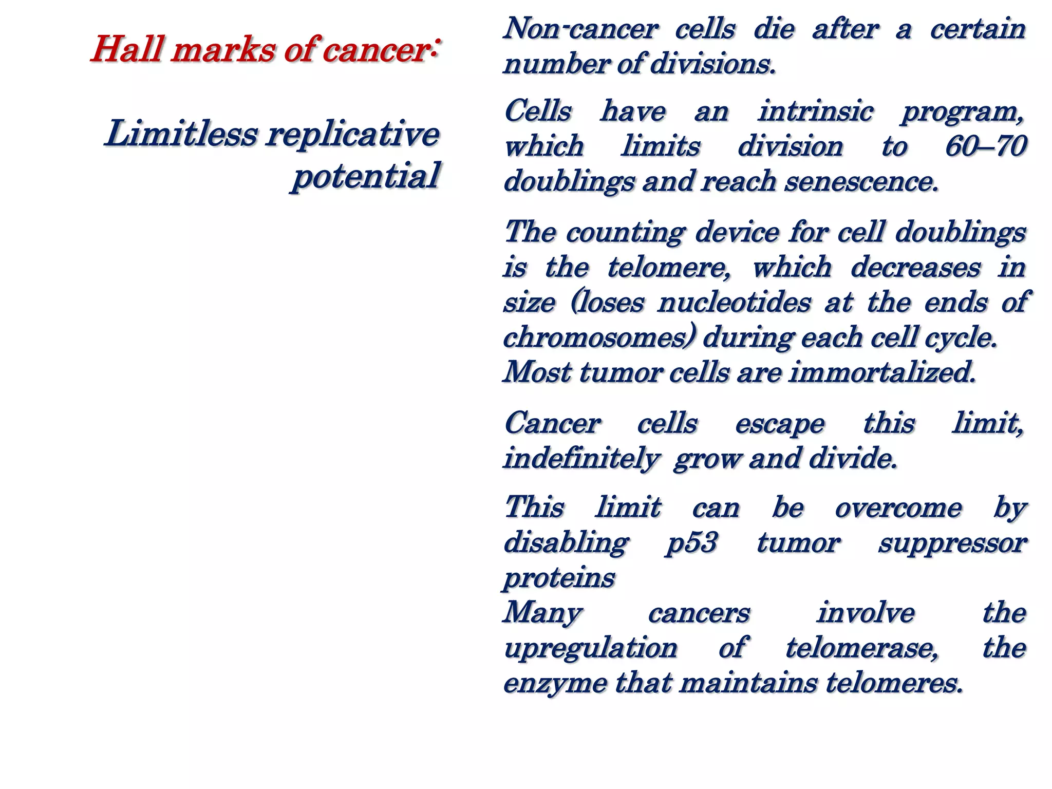 Non-cancer cells die after a certain
number of divisions.
Cells have an intrinsic program,
which limits division to 60–70
doublings and reach senescence.
The counting device for cell doublings
is the telomere, which decreases in
size (loses nucleotides at the ends of
chromosomes) during each cell cycle.
Most tumor cells are immortalized.
Cancer cells escape this limit,
indefinitely grow and divide.
This limit can be overcome by
disabling p53 tumor suppressor
proteins
Many cancers involve the
upregulation of telomerase, the
enzyme that maintains telomeres.
Hall marks of cancer:
Limitless replicative
potential
 