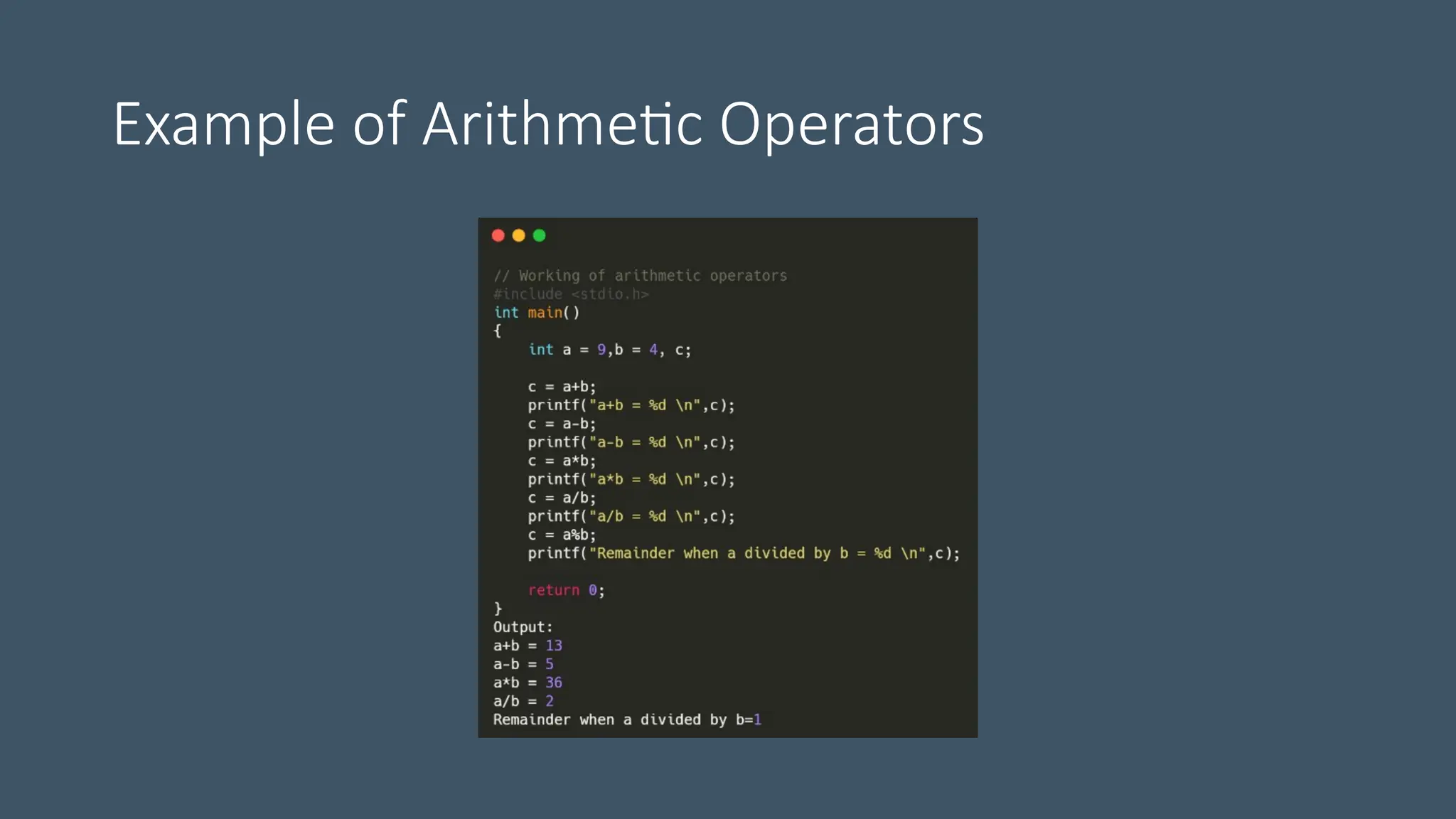 Example of Arithmetic Operators
 
