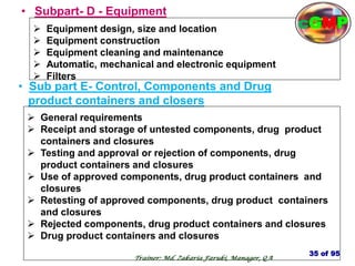 • Subpart- D - Equipment
 Equipment design, size and location
 Equipment construction
 Equipment cleaning and maintenance
 Automatic, mechanical and electronic equipment
 Filters
• Sub part E- Control, Components and Drug
product containers and closers
 General requirements
 Receipt and storage of untested components, drug product
containers and closures
 Testing and approval or rejection of components, drug
product containers and closures
 Use of approved components, drug product containers and
closures
 Retesting of approved components, drug product containers
and closures
 Rejected components, drug product containers and closures
 Drug product containers and closures
35 of 95
Trainer: Md. Zakaria Faruki, Manager, QA
cGMP
 
