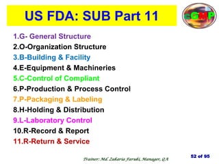 US FDA: SUB Part 11
1.G- General Structure
2.O-Organization Structure
3.B-Building & Facility
4.E-Equipment & Machineries
5.C-Control of Compliant
6.P-Production & Process Control
7.P-Packaging & Labeling
8.H-Holding & Distribution
9.L-Laboratory Control
10.R-Record & Report
11.R-Return & Service
52 of 95
Trainer: Md. Zakaria Faruki, Manager, QA
cGMP
 