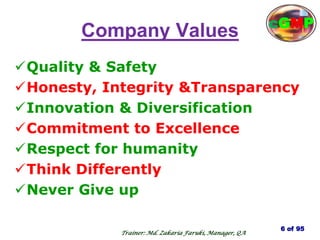 Company Values
Quality & Safety
Honesty, Integrity &Transparency
Innovation & Diversification
Commitment to Excellence
Respect for humanity
Think Differently
Never Give up
6 of 95
cGMP
Trainer: Md. Zakaria Faruki, Manager, QA
 