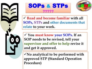 SOPs & STPs
?????
 You must know your SOPs. If an
SOP needs to be revised, tell your
supervisor and offer to help revise it
and get it approved.
 Read and become familiar with all
SOPs, STPs and other documents that
relate to your work.
86 of 95
MP
Trainer: Md. Zakaria Faruki, Manager, QA
cGMP
No analytical to be performed with
approved STP (Standard Operation
Procedure)
 
